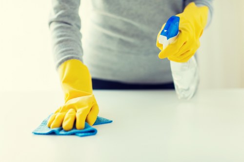 Staff member following safe oven cleaning procedures during a service