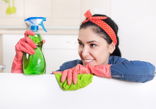 Professional carpet cleaner treating hallway carpets in Wimbledon